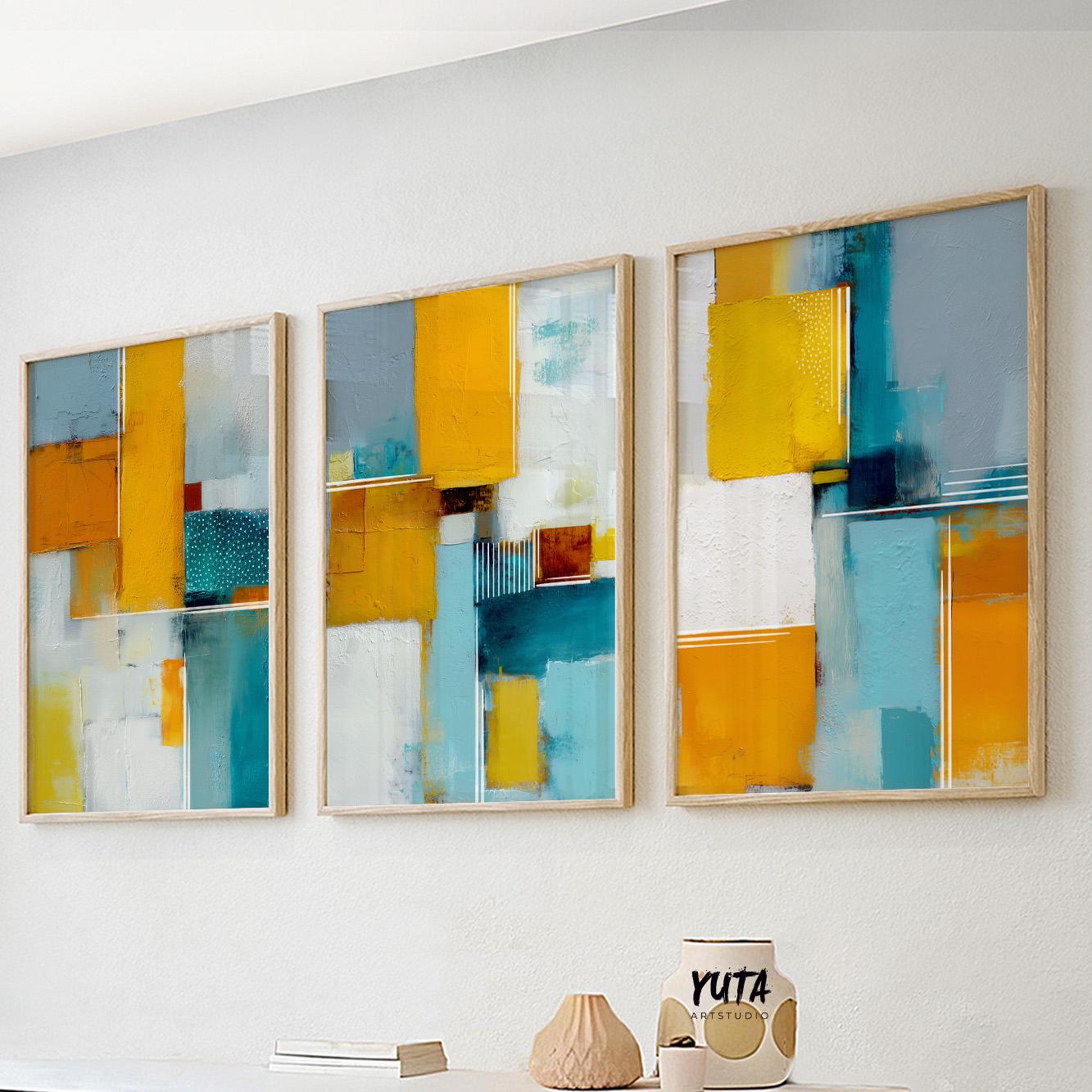 Contemporary color block painting in mustard yellow, teal, and neutral grey hues.