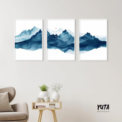 Navy blue minimalist abstract mountain set of 3 prints. Modern landscape gallery wall set.  Nature 3 piece wall art, blue nordic print