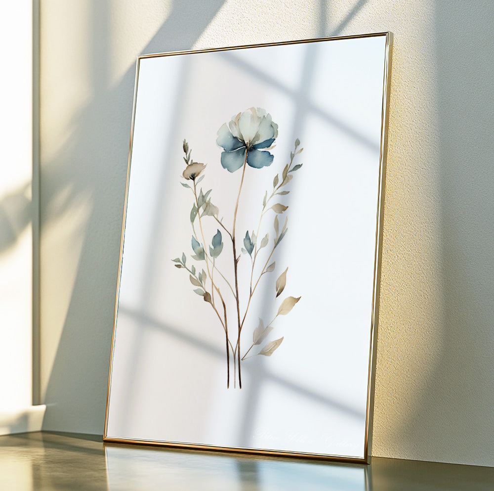 Elegant botanical wall decor featuring a delicate watercolor flower in blue and neutral tones, perfect for Scandinavian and minimalist homes.