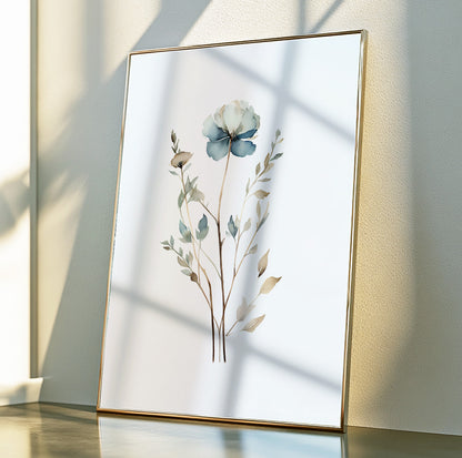 Elegant botanical wall decor featuring a delicate watercolor flower in blue and neutral tones, perfect for Scandinavian and minimalist homes.