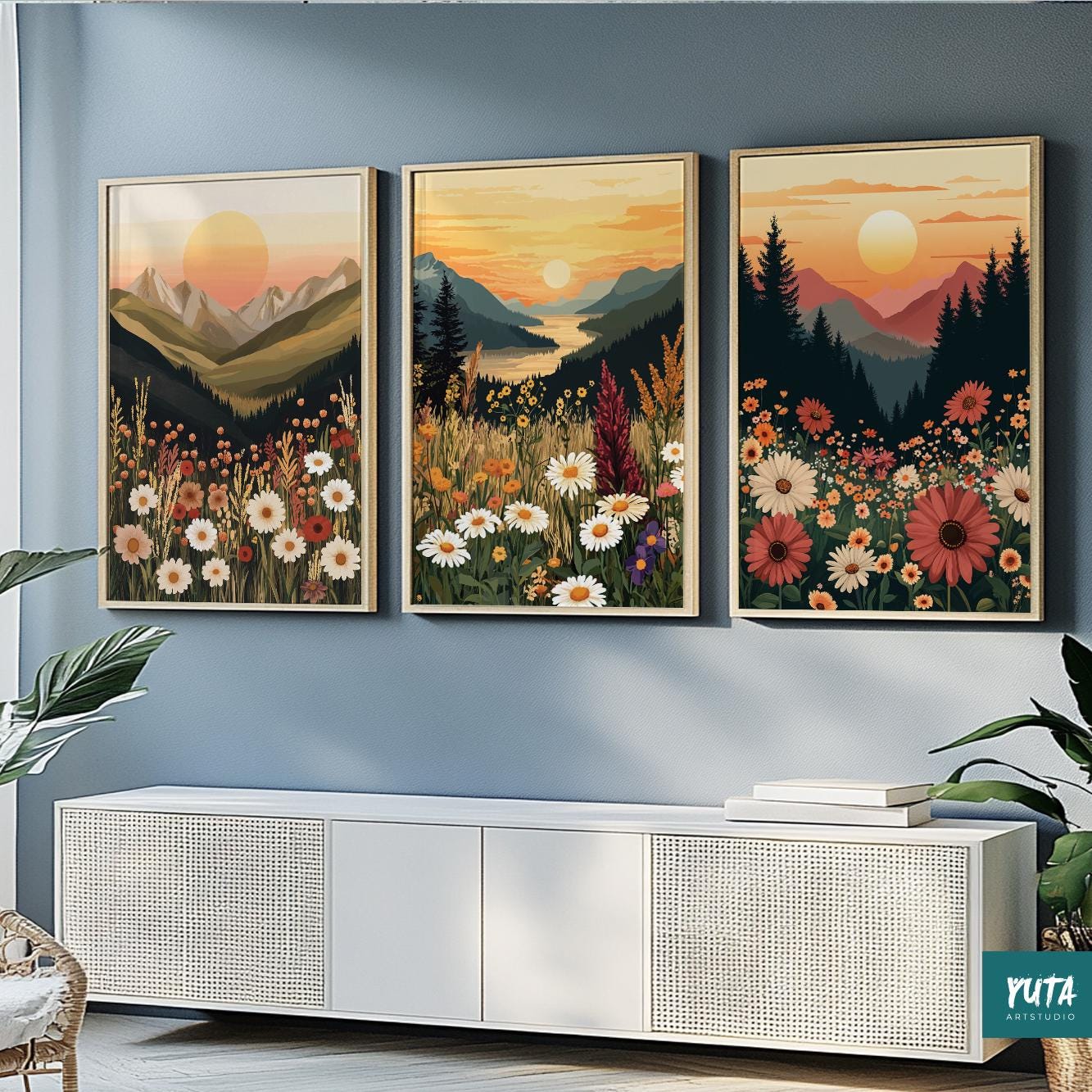 Mountain and floral wall art set, sunset landscape in boho muted color palette for home decor.