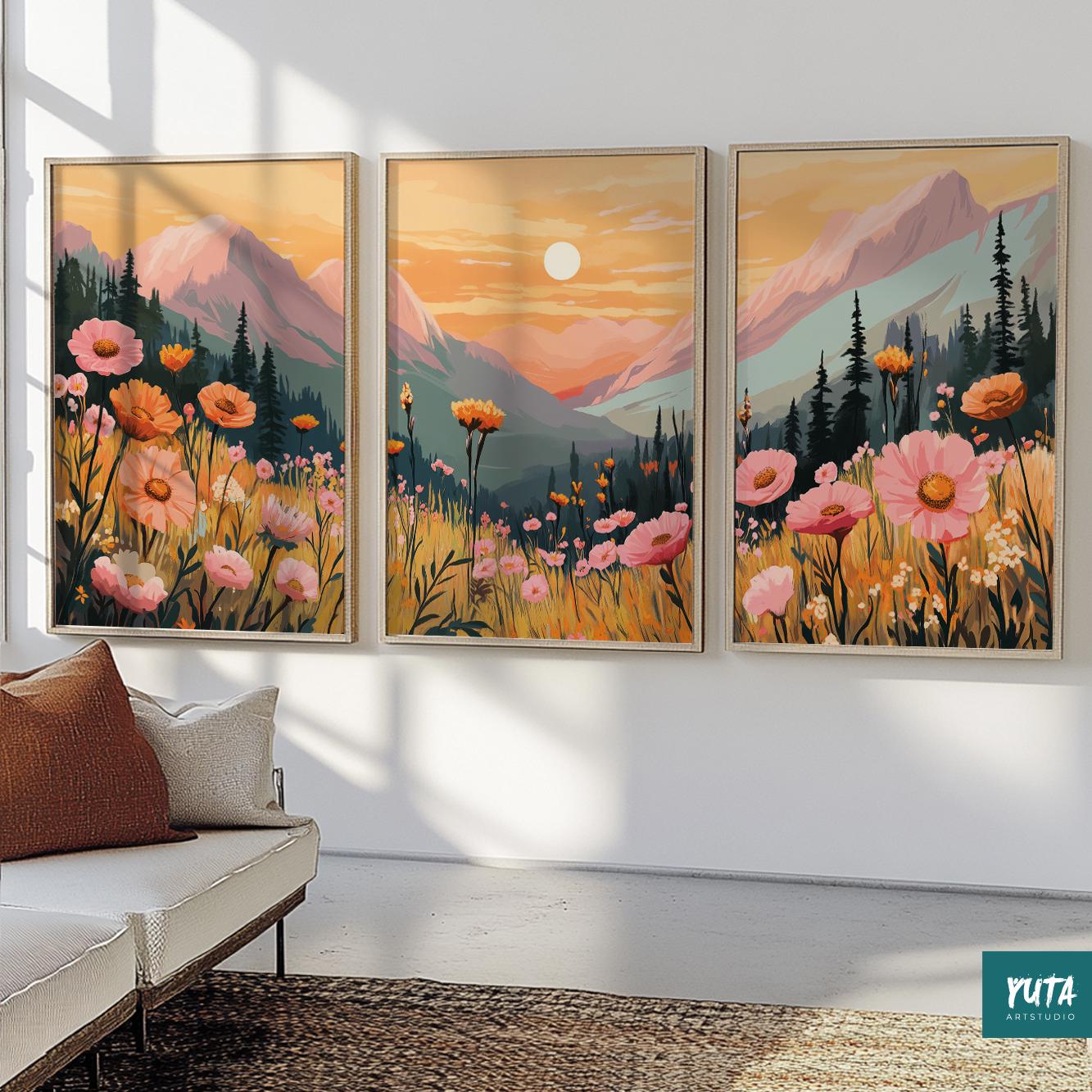 Set of 3 floral mountain sunset posters in natural earth colors