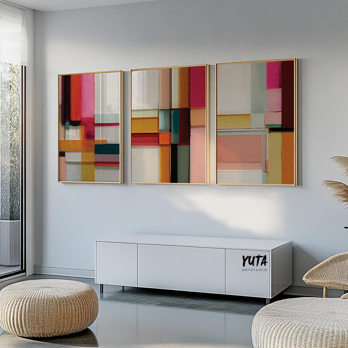 Vibrant geometric abstract prints with red, blush, mustard, and teal shapes.