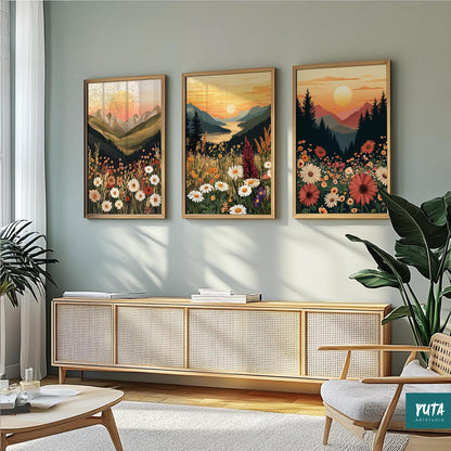 Set of 3 boho mountain landscape paintings, sunset and wildflower scenery with botanical elements.