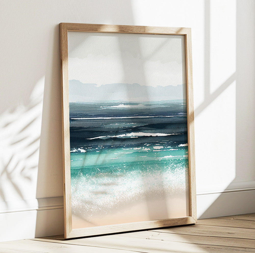 Ocean landscape poster in soft blue and aqua shades for coastal living room or bedroom decor.