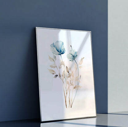 Minimalist botanical wall art featuring a delicate blue watercolor flower with soft neutral leaves on a clean white background.