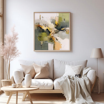 Square abstract painting in olive green and beige displayed in a light wood frame above a sofa