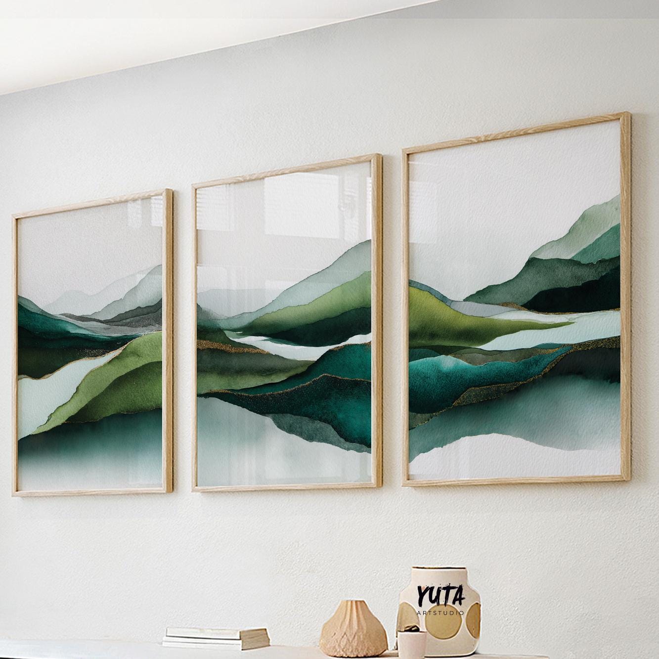 Emerald and sage green mountain artwork trio, minimalist abstract wall decor.