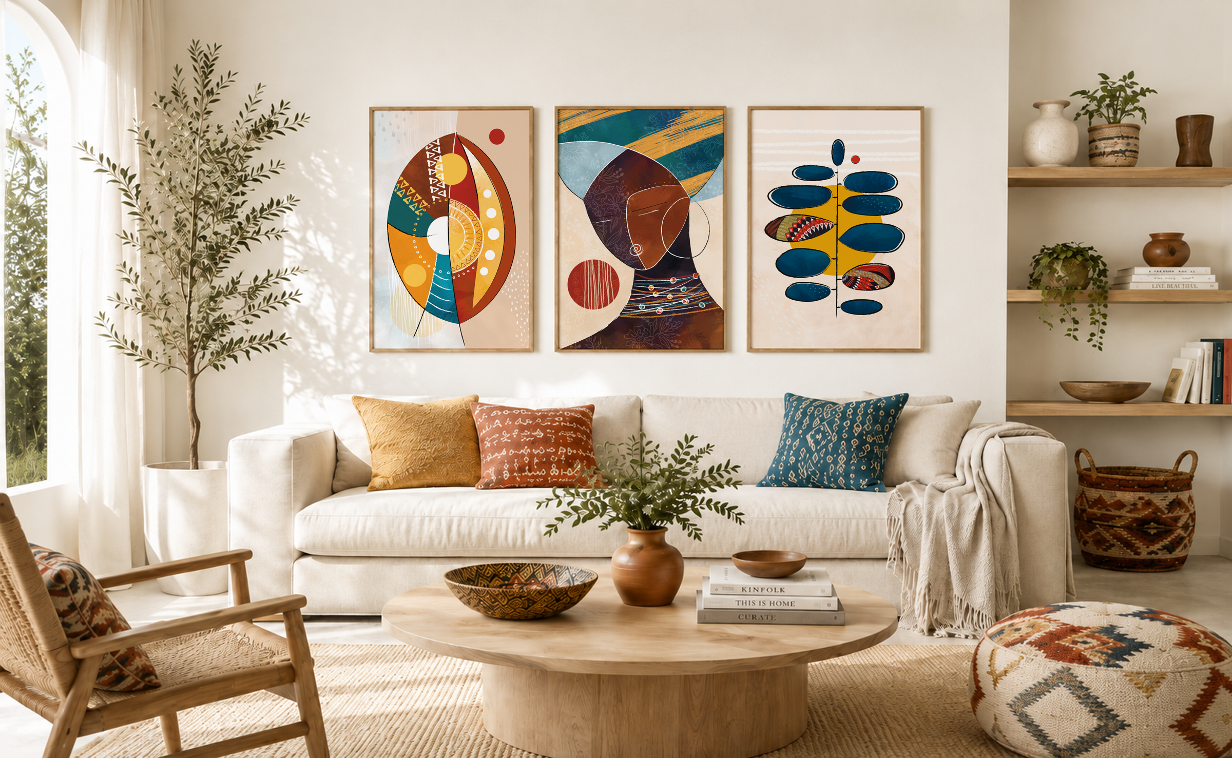 Set of three modern African wall art prints featuring bold geometric shapes, abstract portrait, and earthy terracotta, mustard, and deep blue tones.