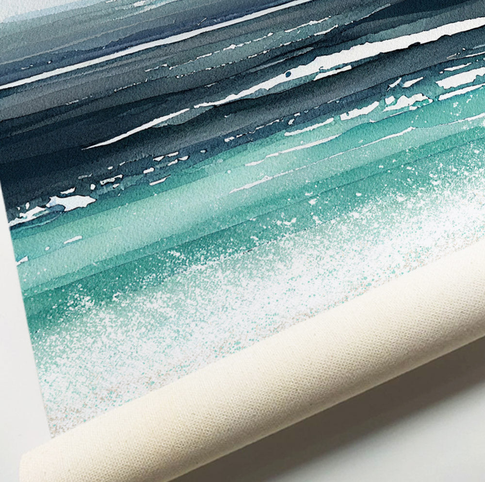 Modern seascape wall art with abstract ocean waves and soft neutral beach tones.