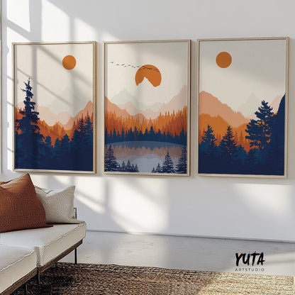 Sunset mountain wall art triptych showcasing orange skies, evergreen forests and atmospheric alpine landscapes
