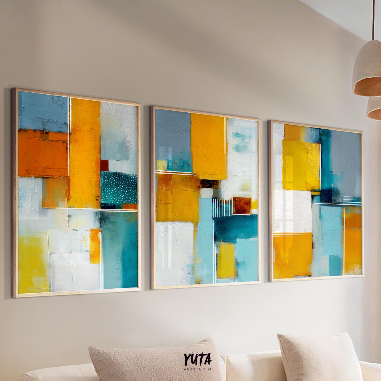 Modern abstract artwork featuring bold yellow shapes contrasted with teal and grey tones.