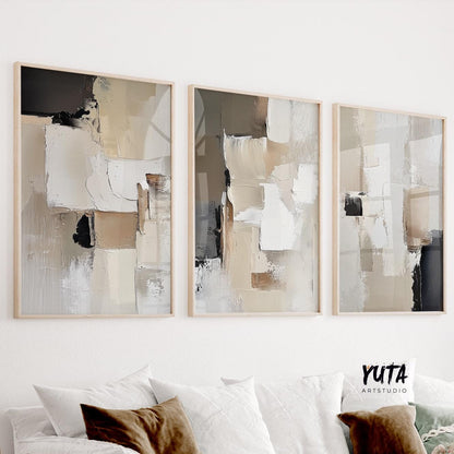 Set of 3 abstract beige and black wall art prints with smooth brush strokes