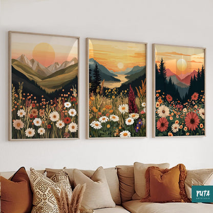 Set of 3 prints featuring boho-style wildflower mountain sunsets, modern botanical artwork.