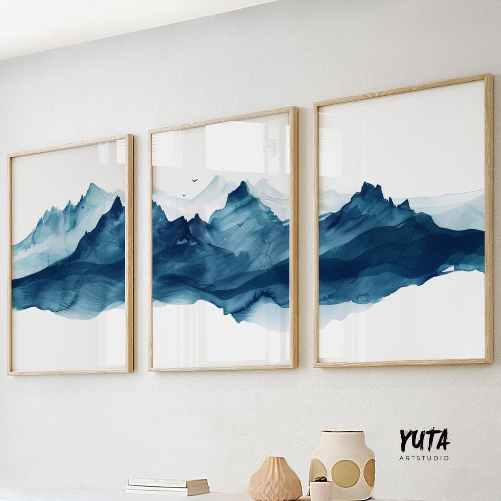 Navy blue minimalist abstract mountain set of 3 prints. Modern landscape gallery wall set.  Nature 3 piece wall art, blue nordic print