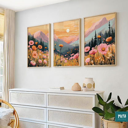Earthy boho wildflower wall prints, mountain landscape decor