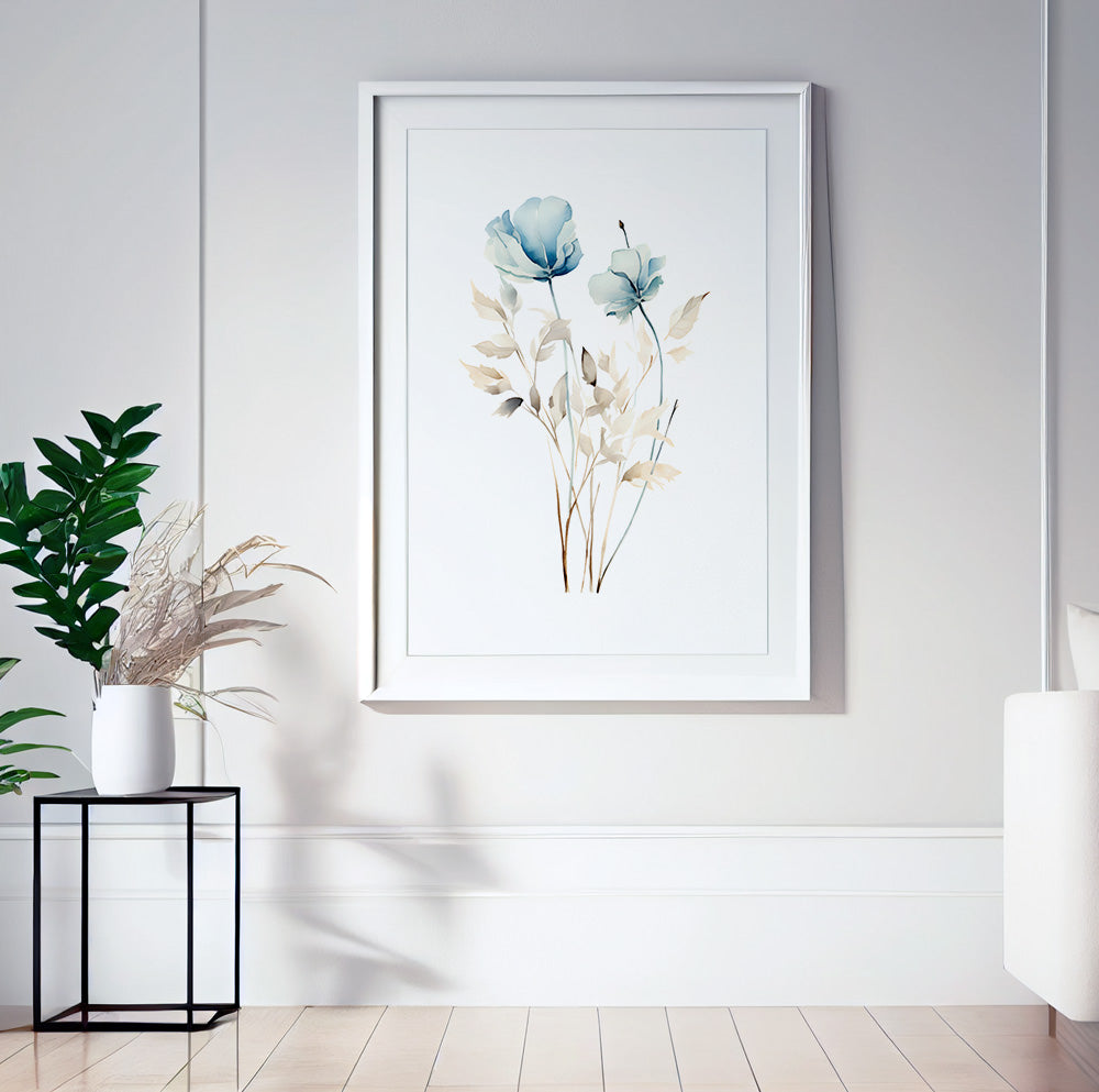Minimalist floral poster with a delicate blue blossom and subtle botanical branches for modern interiors