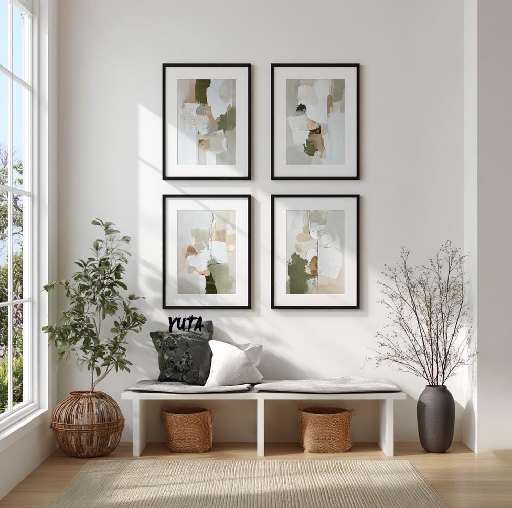 Neutral abstract wall art set of four showcasing soft earth tones, organic shapes and modern minimalist composition