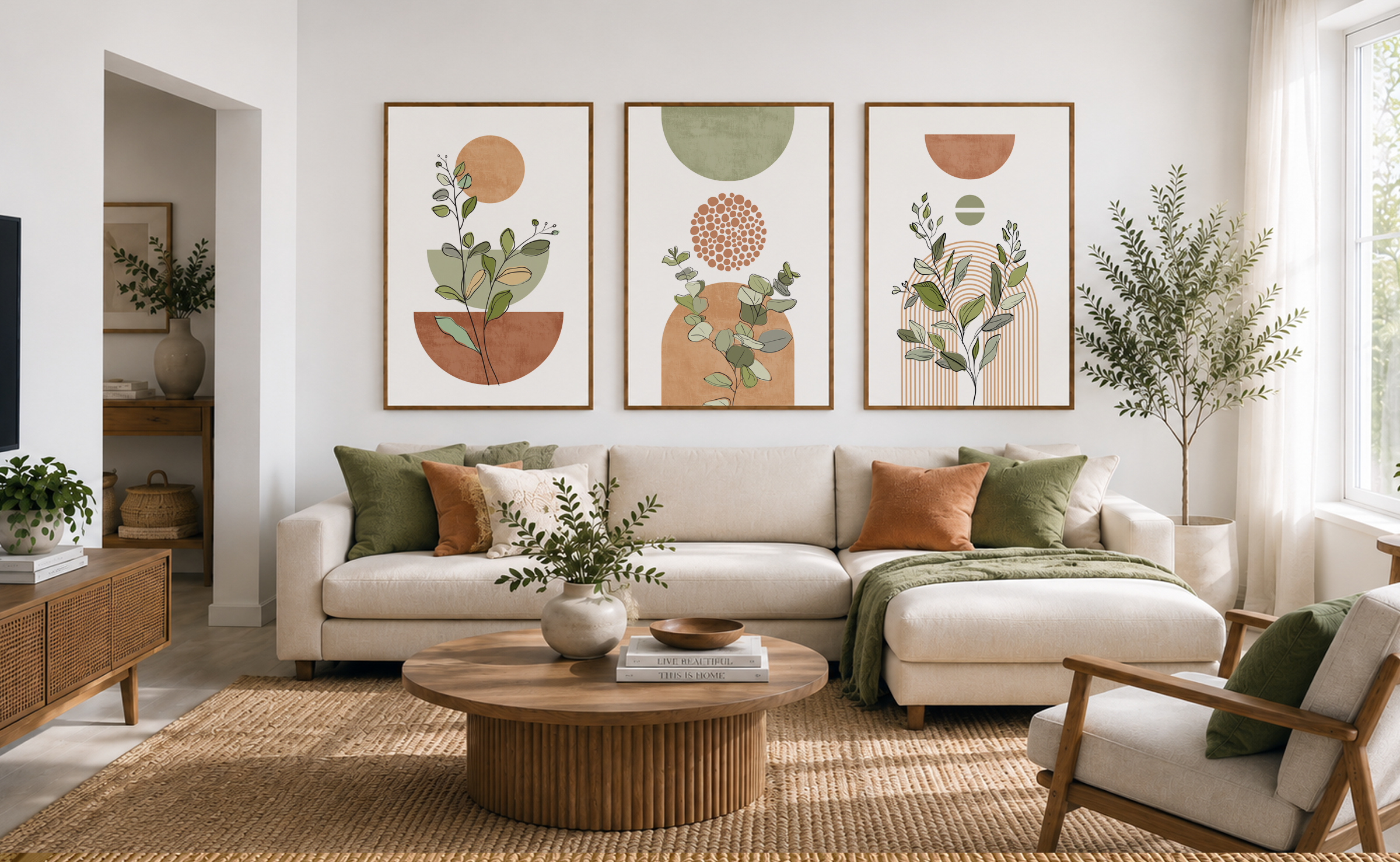 Bright organic modern living room with a cream sofa and a set of three botanical abstract wall art prints featuring sage green foliage, terracotta geometric shapes, and warm neutral tones.