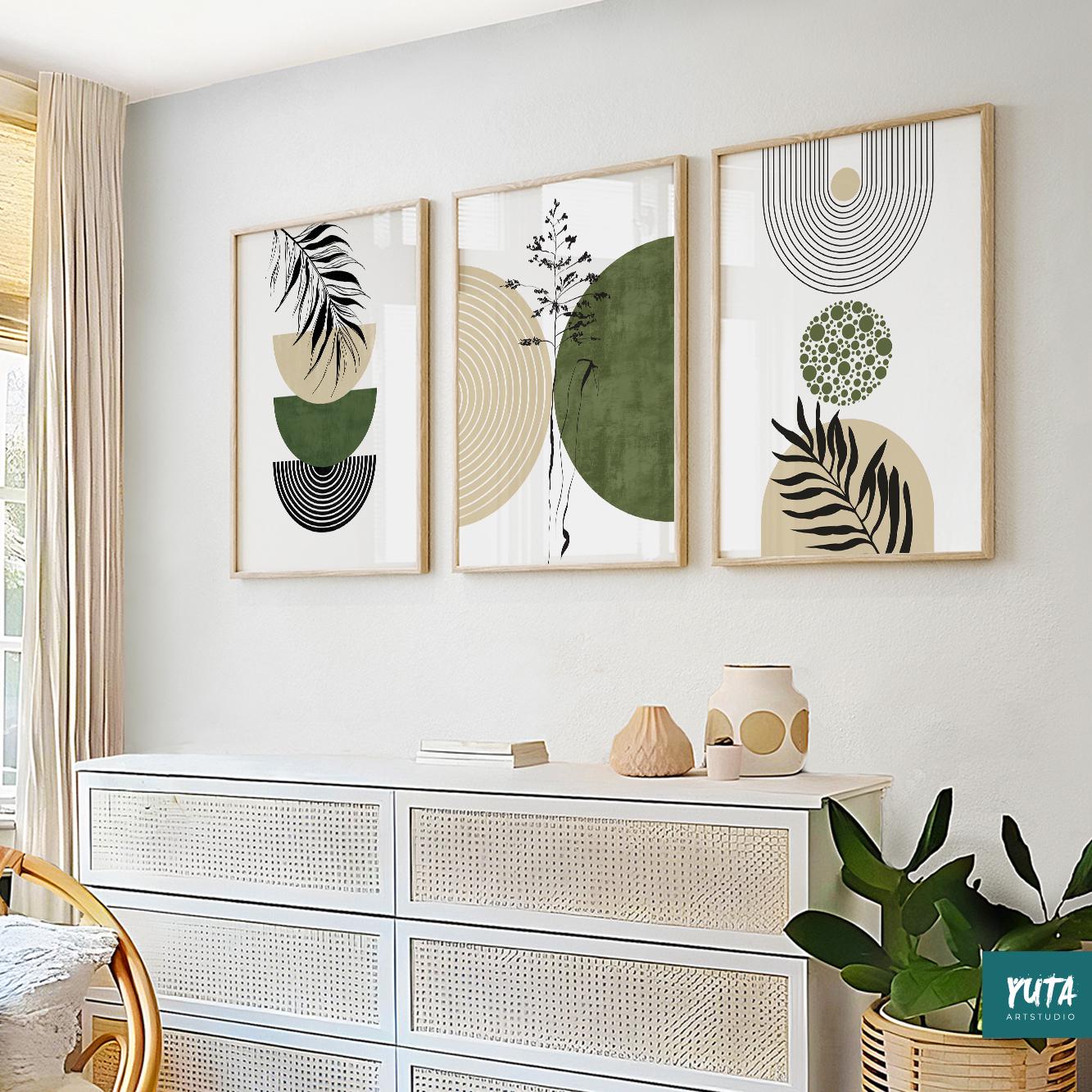 Botanical wall art featuring decorative foliage, geometric arches and organic modern neutral color palette