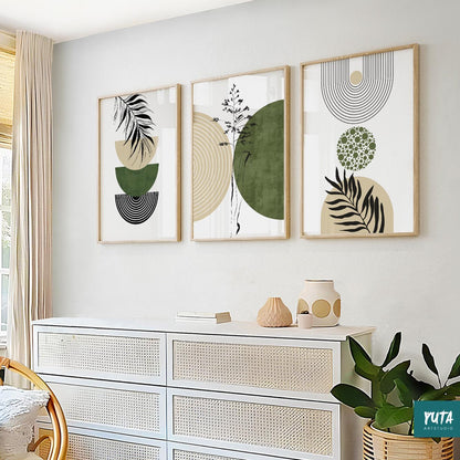 Botanical wall art featuring decorative foliage, geometric arches and organic modern neutral color palette