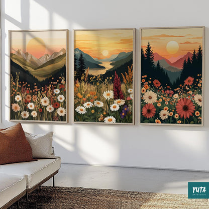 Colorful wildflower and mountain sunset wall art, botanical boho decor set of 3 prints.
