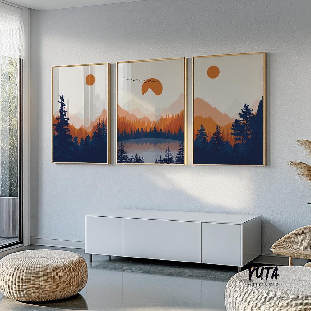 Sunset mountain wall art triptych showcasing orange skies, evergreen forests and atmospheric alpine landscapes