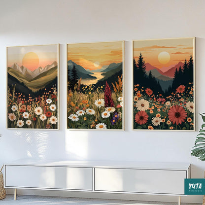Muted tone mountain sunset prints with wildflowers, boho wall art set of 3 for bedroom or living