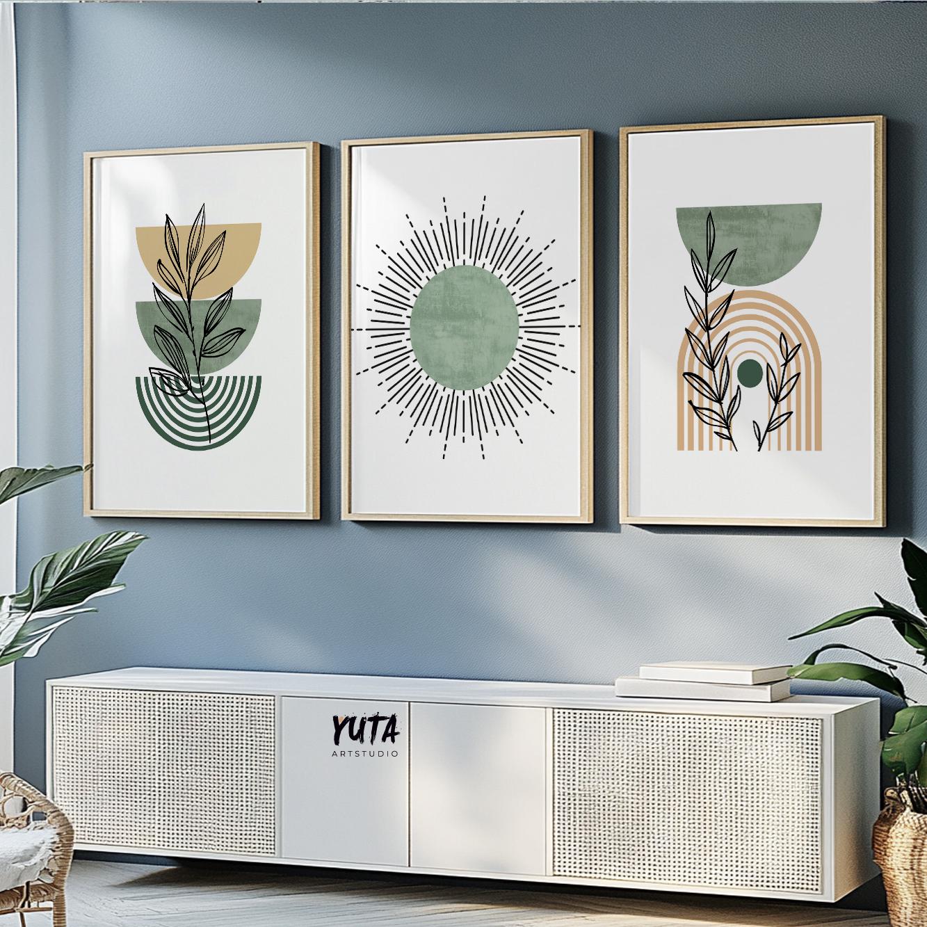 Three framed boho prints with sage green sunburst, abstract leaves, and rainbow motifs