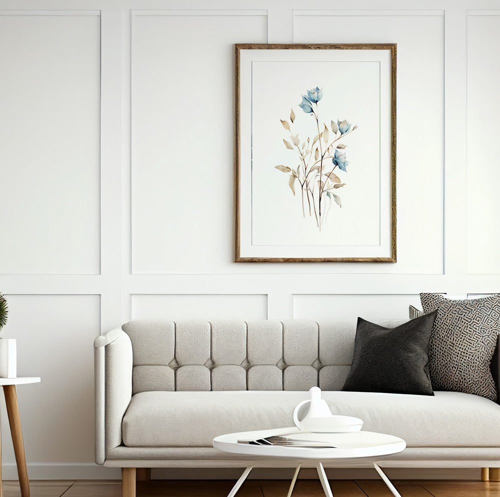Neutral botanical wall art showcasing a single blue floral illustration with soft watercolor details.