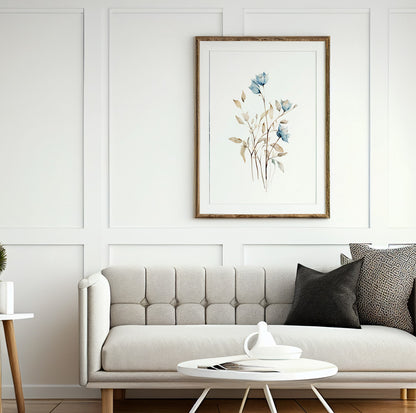 Neutral botanical wall art showcasing a single blue floral illustration with soft watercolor details.