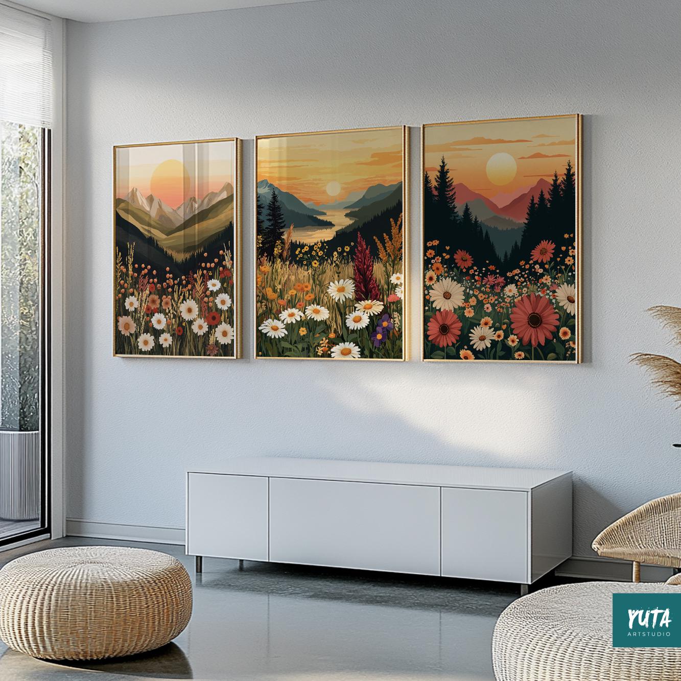 Sunset mountain scenery with wildflowers, muted boho wall art print set for cozy interiors.