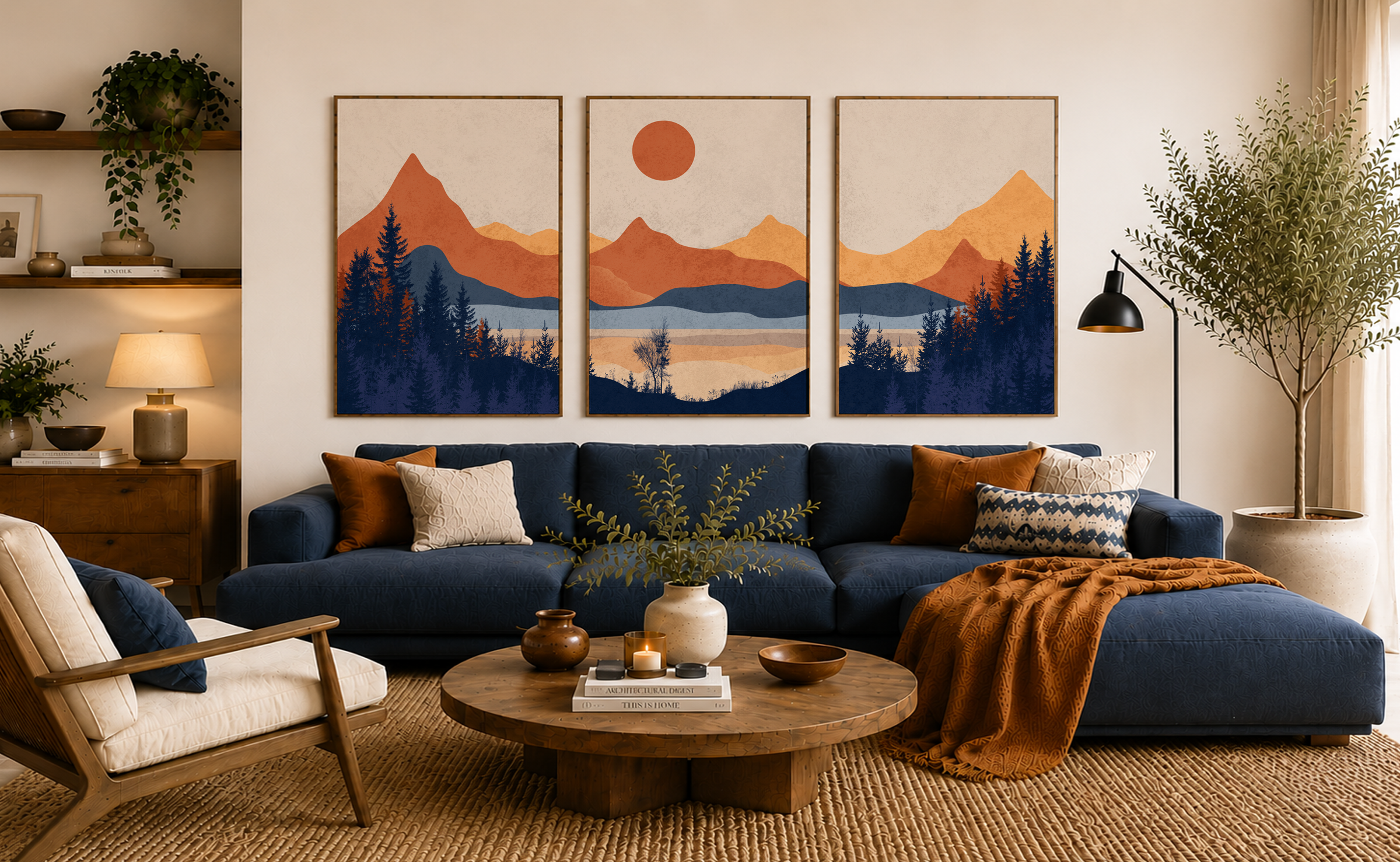 Modern living room with a blue sectional sofa and a set of three scenic landscape wall art prints featuring orange mountains, blue forests, and a serene lake in warm natural light.