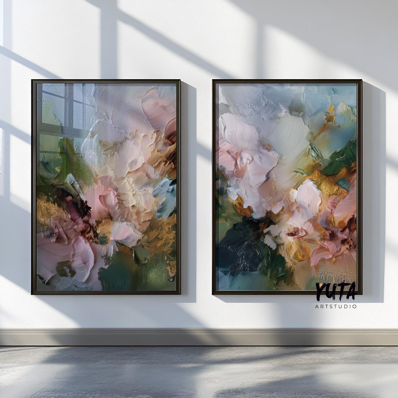 Earthy-toned abstract artwork with bold black strokes and soft neutral shades.