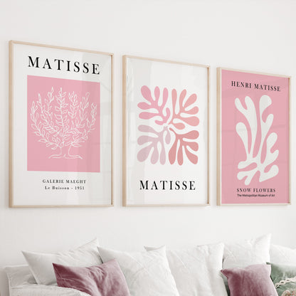 Abstract botanical and organic pastel pink line art prints in light wood frames, set of three