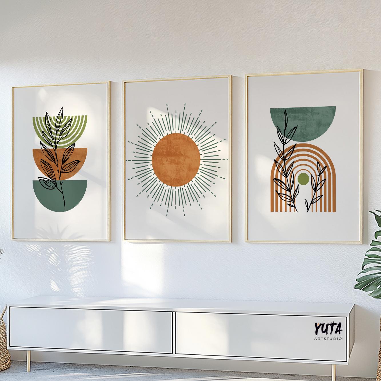 Boho abstract wall art set in light frames arranged as a three-piece gallery above a console