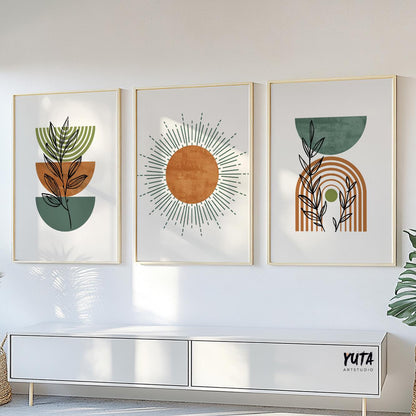 Boho abstract wall art set in light frames arranged as a three-piece gallery above a console