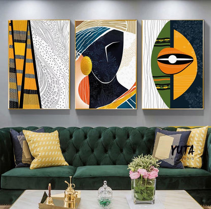 Statement African wall art set combining abstract tribal imagery, geometric forms and contemporary cultural design