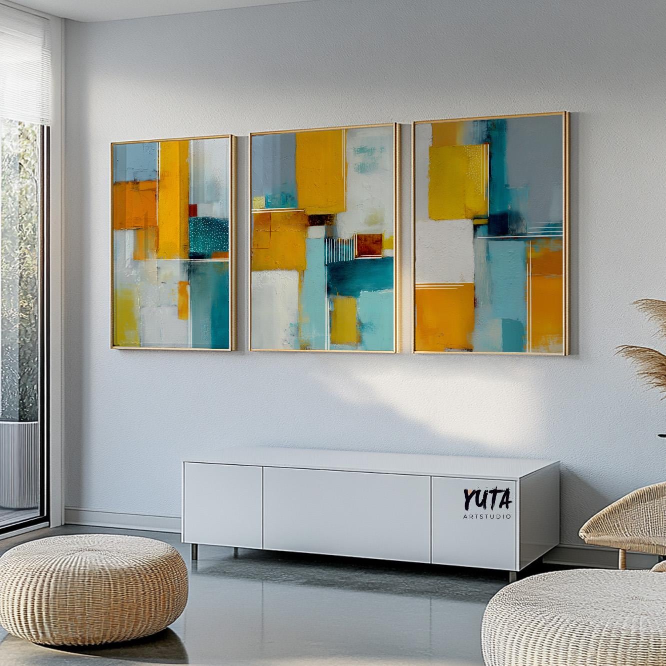 Abstract triptych with layered geometric forms and vivid teal and yellow accents.