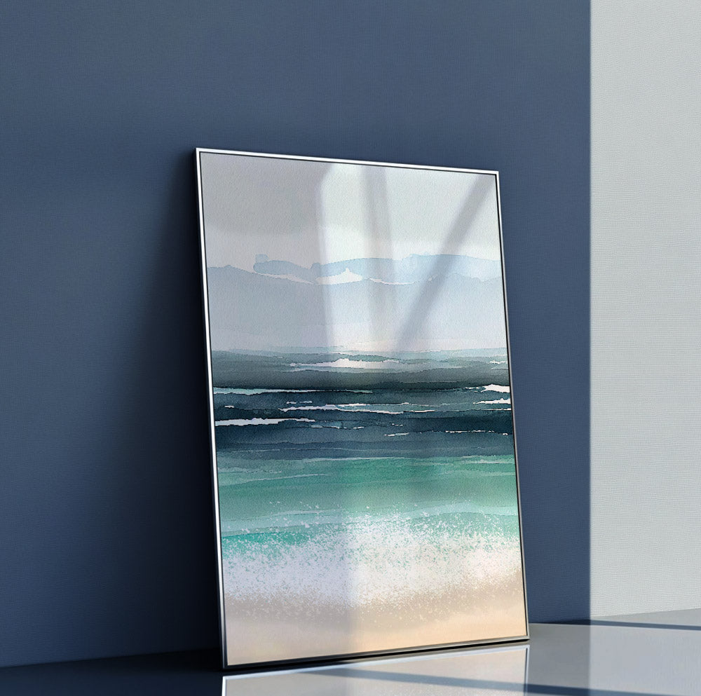 Minimalist beach wall decor in watercolor style with turquoise sea and tranquil coastal horizon.