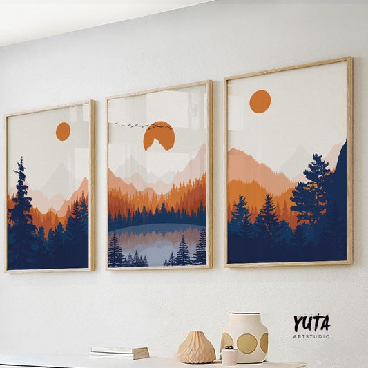 Set of 3 abstract mountain print. Modern three piece orange deep blue minimalist landscape poster, aesthetic room decor, housewarming gift