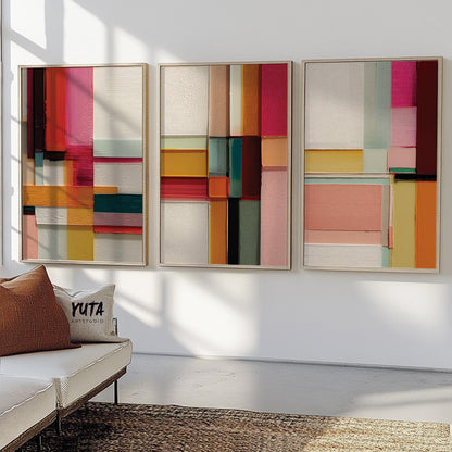 Mid-century inspired color block art trio with overlapping rectangles and bold hues, adding a striking pop of color to modern decor.