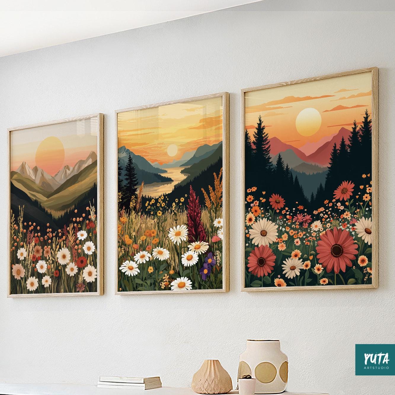 Floral mountain wall decor set, sunset landscape paintings in soft earthy boho tones.