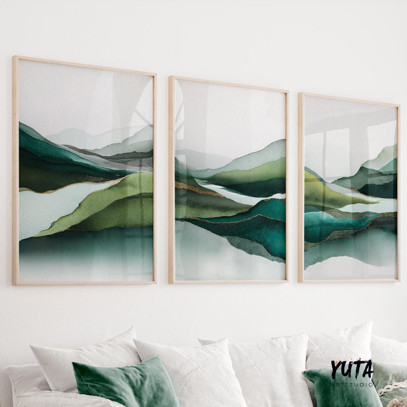 Green abstract mountain wall art set of 3, modern watercolor landscape prints.