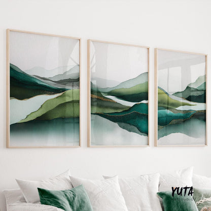 Green abstract mountain wall art set of 3, modern watercolor landscape prints.