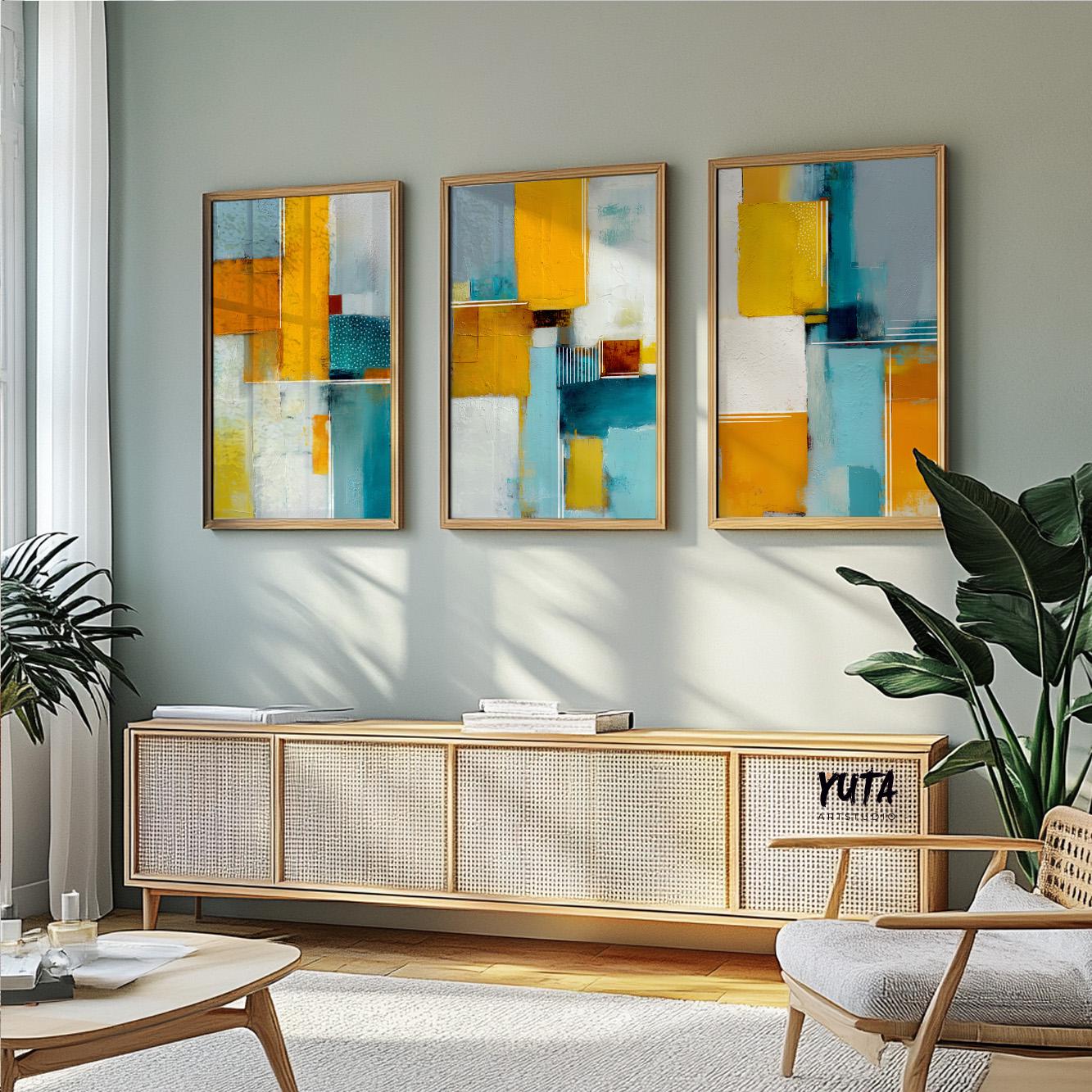 Minimalist abstract painting combining textured teal fields with bold yellow panels.