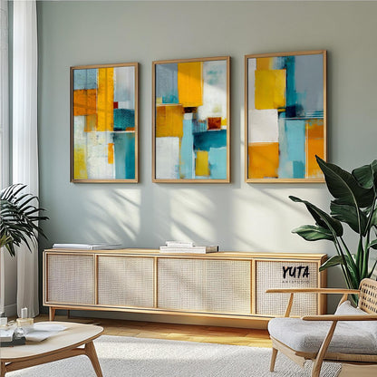 Minimalist abstract painting combining textured teal fields with bold yellow panels.