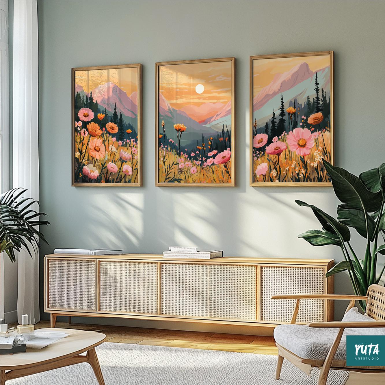 Wildflower mountain wall decor with daisy fields and soft tones