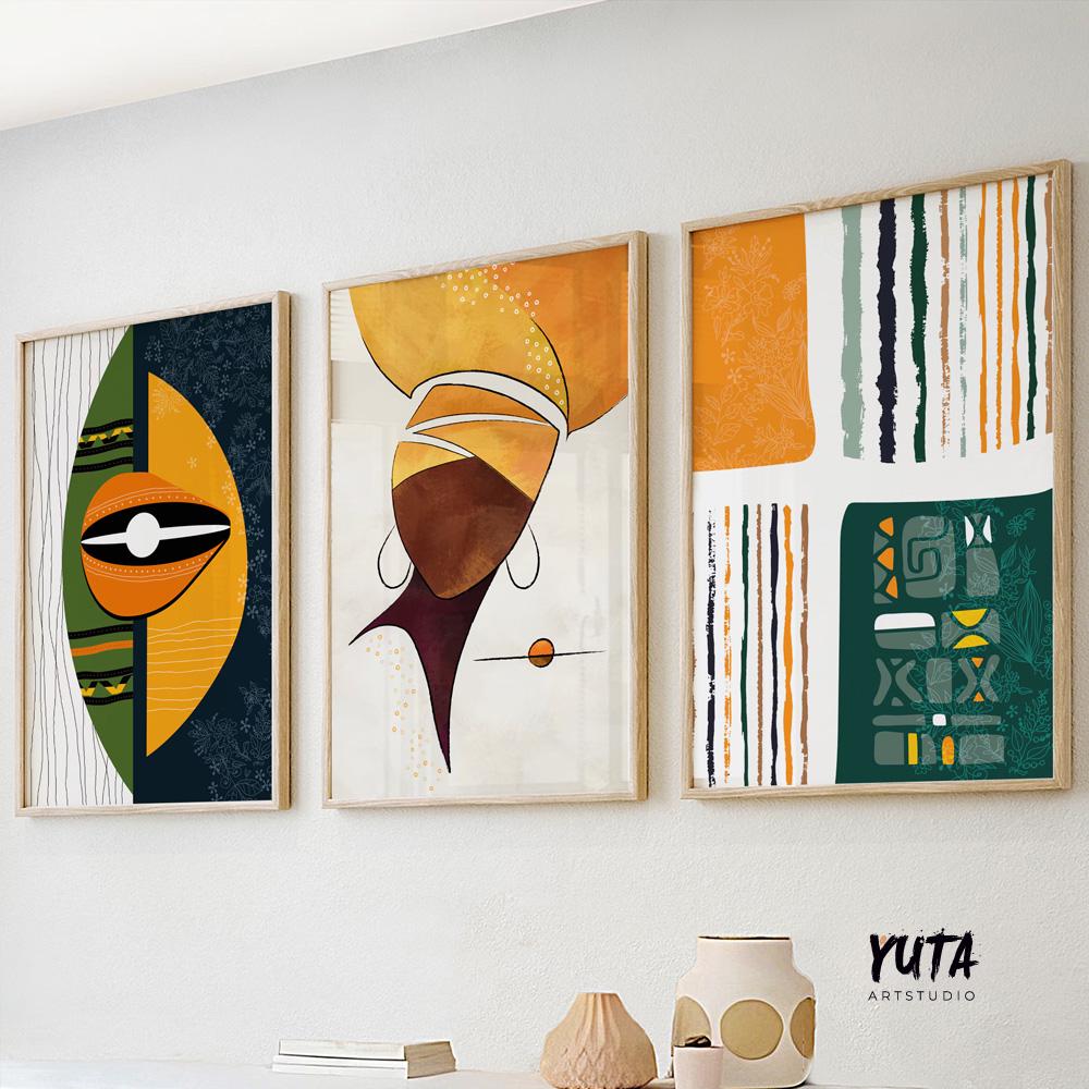 Gallery wall set of 3 – abstract Black woman prints with bold green and earthy ethnic accents.