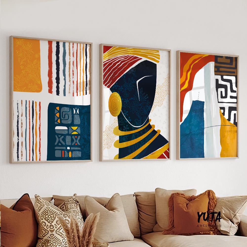 Colorful African American abstract art prints, set of 3 featuring modern black woman portraits, great for bedroom, office, or gallery wall.